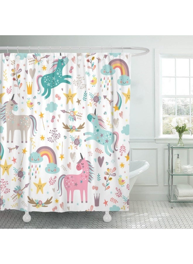 Emvency Shower Curtain Kids Rainbow Blue Pattern Unicorns Pink Baby Girl Animal Arrow Beautiful Waterproof Polyester Fabric 72 x 72 Inches Set with Hooks - Image 3