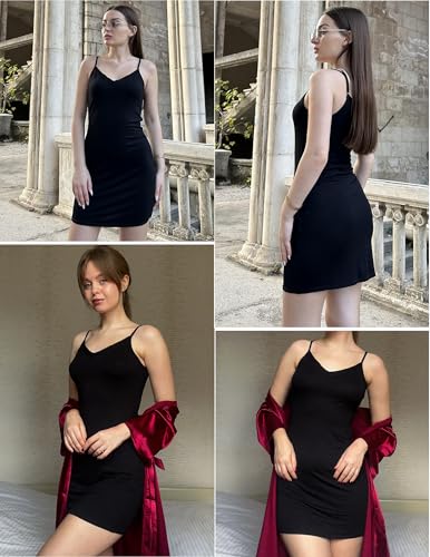 Avidlove Women Modal V Neck Nightwear Sleeveless Straight Dress Mini Full Slips Black S - Image 2