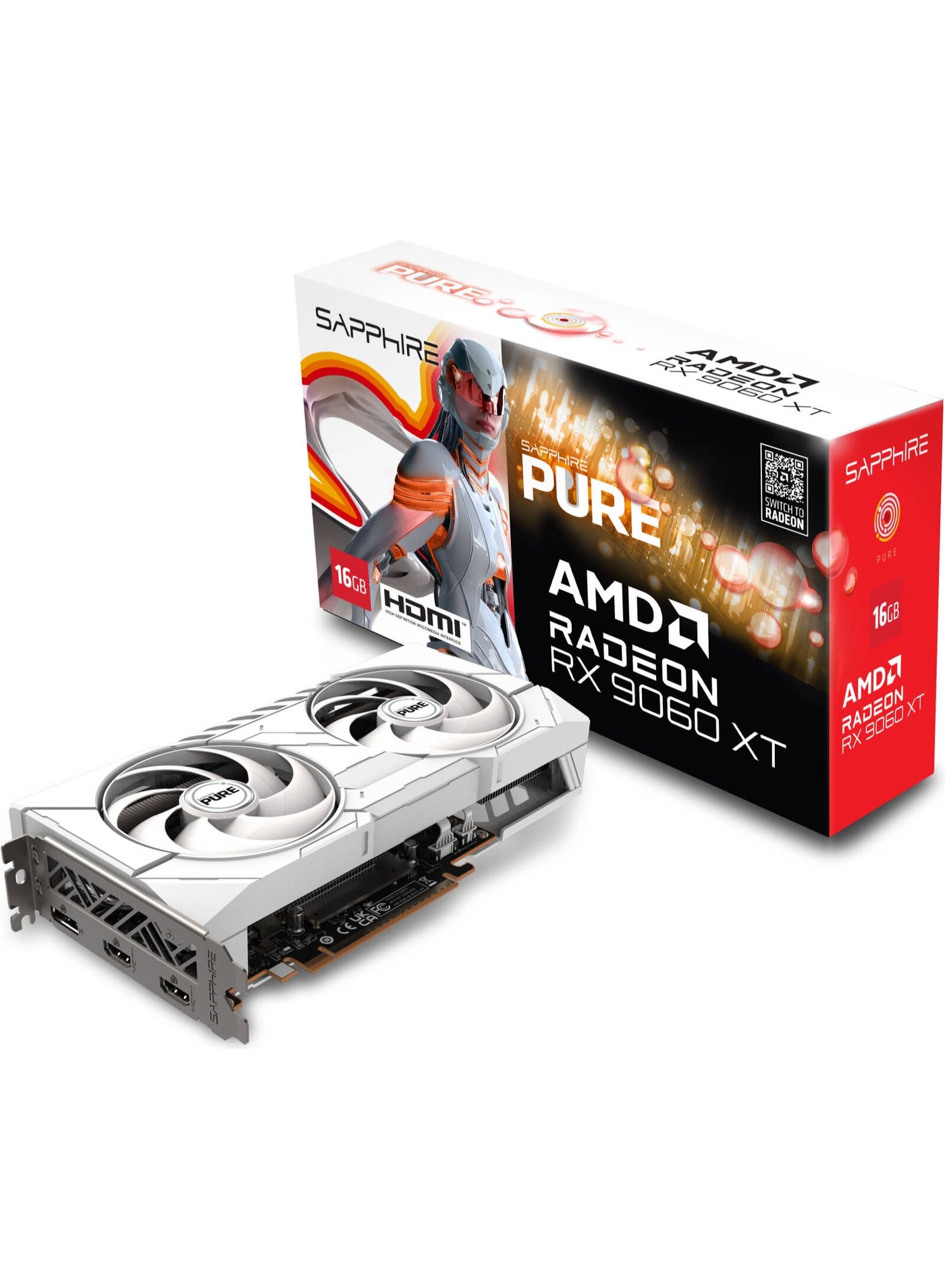 PURE AMD Radeon RX 9060 XT Graphics Card, 16GB GDDR6 128-Bit Memory, 3290 MHz Boost Clock, 2048 Stream Processors, 20 Gbps Memory Speed, PCI-Express 5.0 x16 | 11350-02-20G