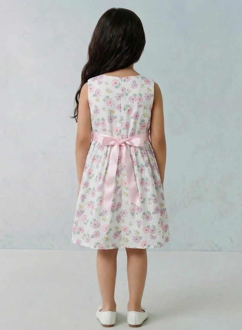 بيبي كلو Girls Pastel Floral Sleeveless Summer Dress Pink Belt