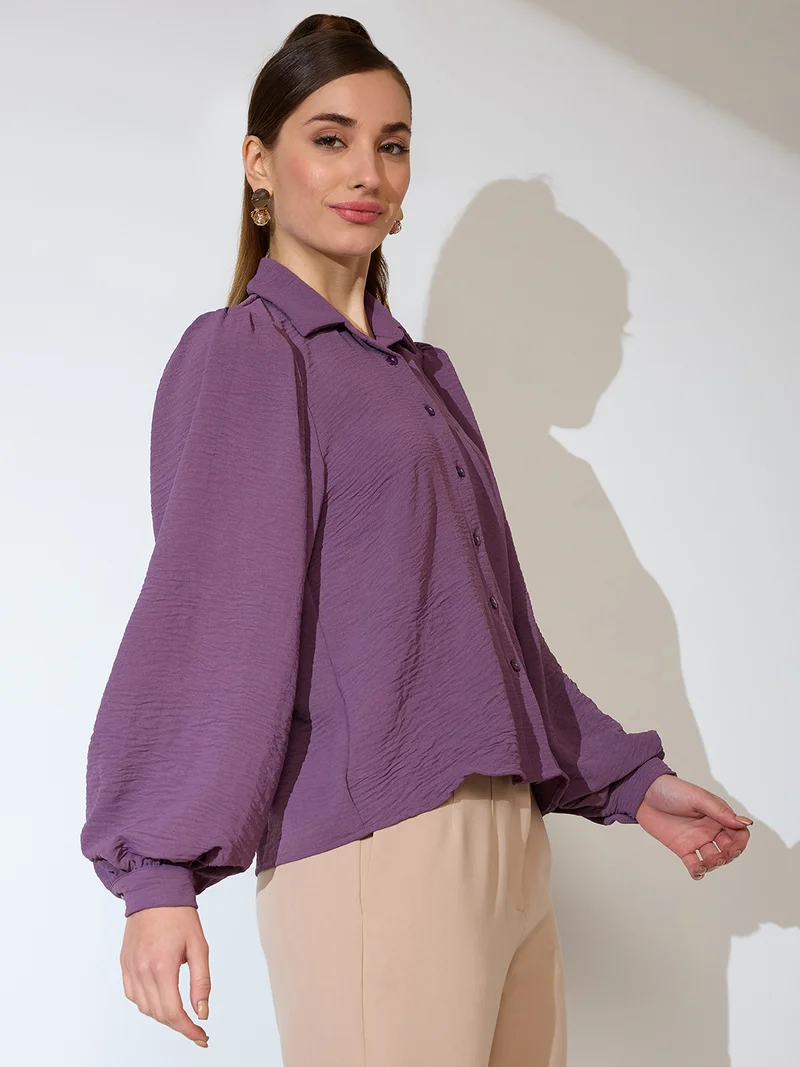 globus Women Self Design Collared Neck Balloon Sleeves Shirt Style Workwear Top