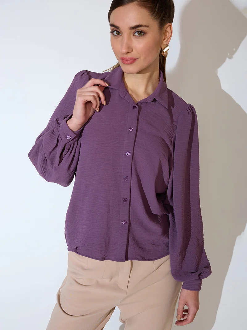 globus Women Self Design Collared Neck Balloon Sleeves Shirt Style Workwear Top