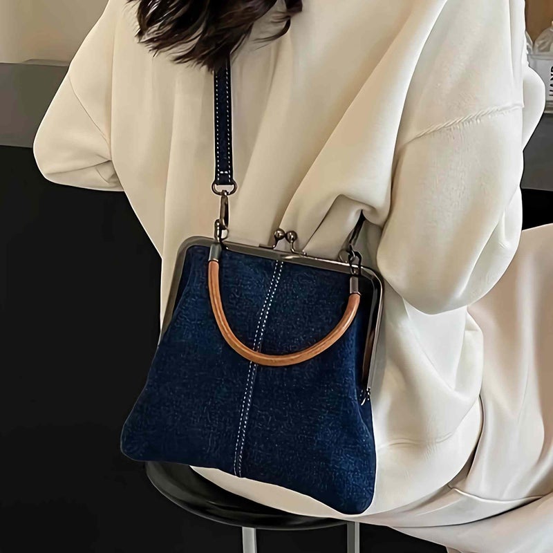 sunaeset Denim Crossbody Tote Bags For Women, Mini Blue Denim Totebag Kiss Lock Purses And Handbags Accessories - Image 2