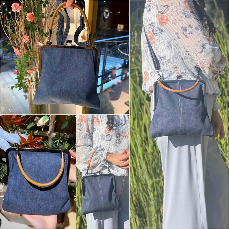 sunaeset Denim Crossbody Tote Bags For Women, Mini Blue Denim Totebag Kiss Lock Purses And Handbags Accessories - Image 4