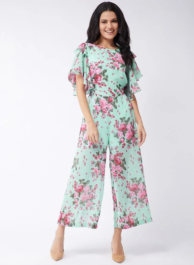 Take Two Green Floral Print Frill Sleeves Jumpsuit