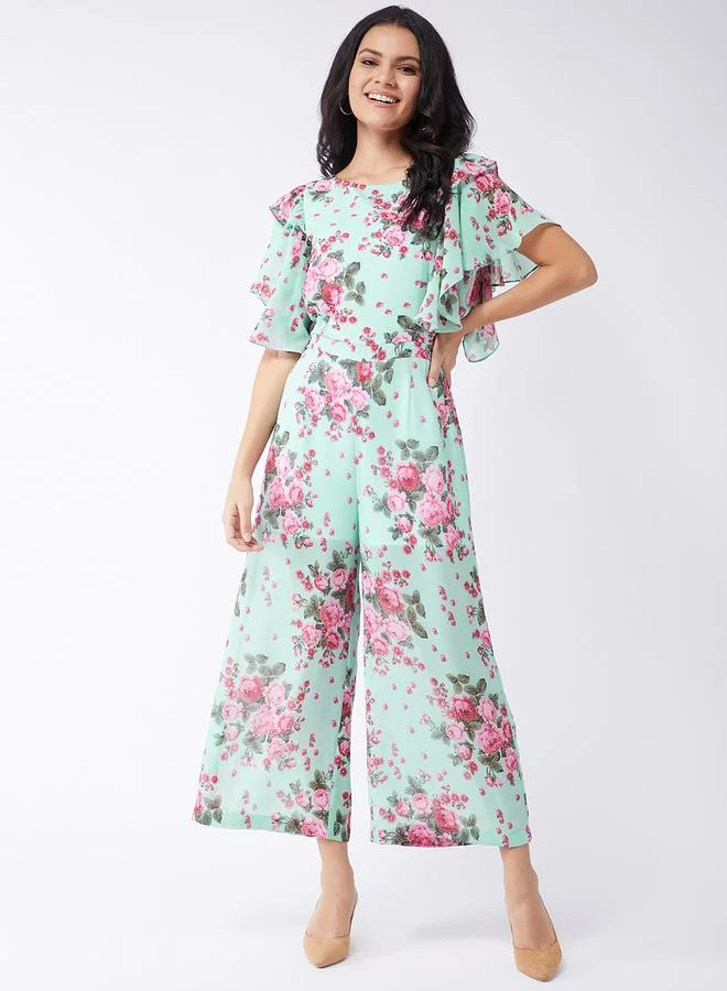 Take Two Green Floral Print Frill Sleeves Jumpsuit