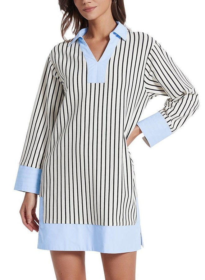 Kedera Women's Summer Striped Dress Long Sleeve V Neck Collared Shirt Mini Dresses 2025 Trendy with Side Slit, 01 Stripe, XL - Image 1