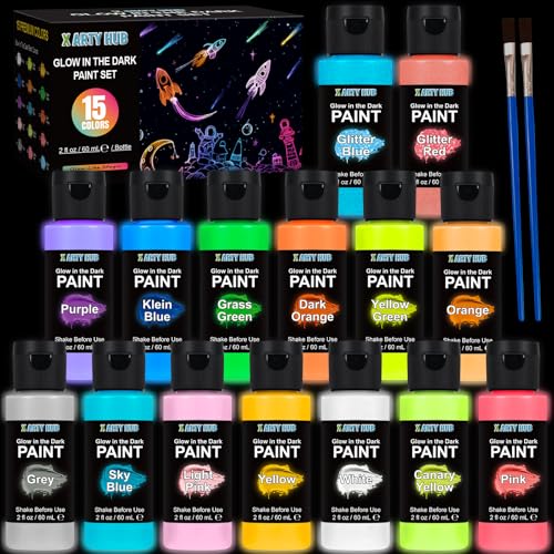 X ARTY HUB Glow in the Dark Paint 15 Bright Colors 2 oz 60 ml with 2 Brushes Black Light Luminous Paint Set for Fabric Plastic Rocks DIY Crafts Wall Art Outdoor Decor - Image 1