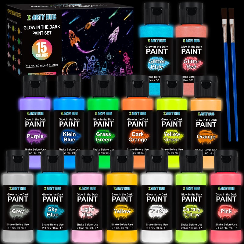 X ARTY HUB Glow in the Dark Paint 15 Bright Colors 2 oz 60 ml with 2 Brushes Black Light Luminous Paint Set for Fabric Plastic Rocks DIY Crafts Wall Art Outdoor Decor - Image 2