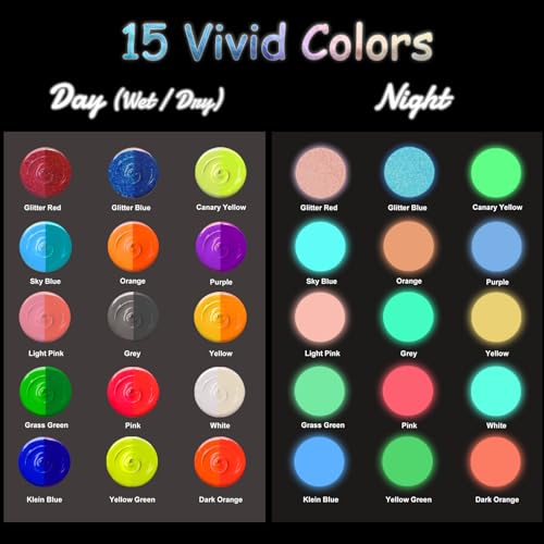 X ARTY HUB Glow in the Dark Paint 15 Bright Colors 2 oz 60 ml with 2 Brushes Black Light Luminous Paint Set for Fabric Plastic Rocks DIY Crafts Wall Art Outdoor Decor - Image 3