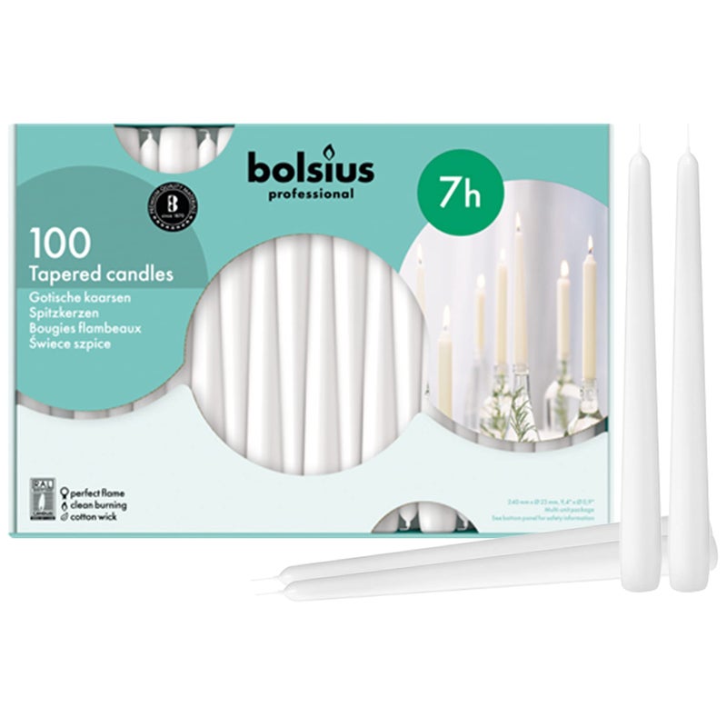 بولسوس Bolsius White Taper Candles 100 Count Bulk Pack - 10 inch عشاء شموع مجموعة - 7+ ساعات حرق - جودة أوروبية متميزة - اللهب السلس - فتيل القطن 100 ٪ -  - Image 1