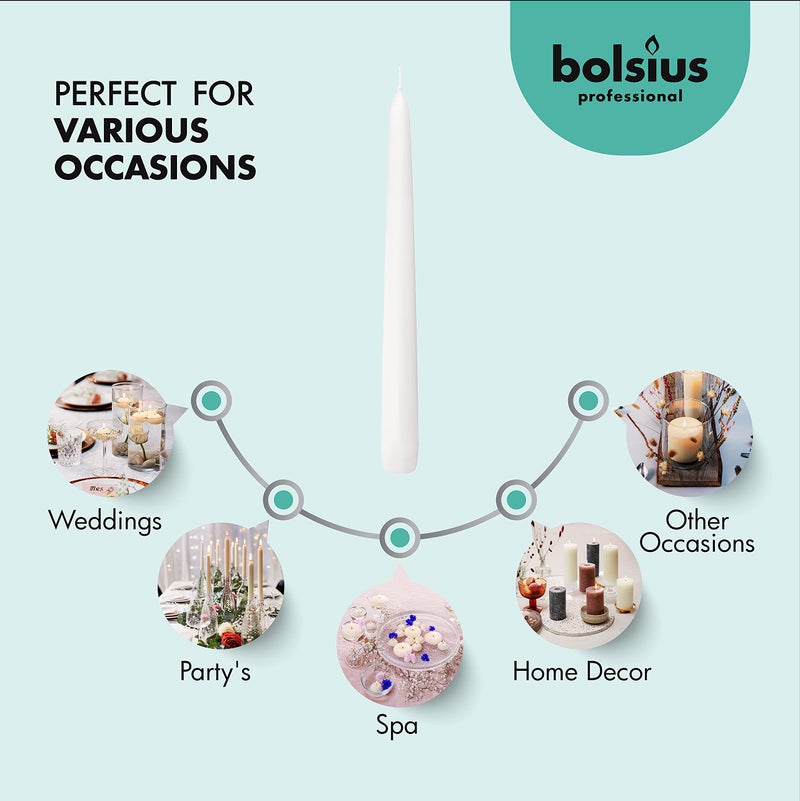 بولسوس Bolsius White Taper Candles 100 Count Bulk Pack - 10 inch عشاء شموع مجموعة - 7+ ساعات حرق - جودة أوروبية متميزة - اللهب السلس - فتيل القطن 100 ٪ -  - Image 4