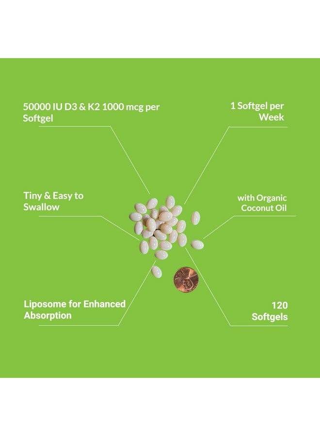 UpNourish Liposomal Vitamin D3 50000 IU (Vitamina D3 de 50000) with 1000 mcg Vitamin K, High Dose Vitamin D3 K2, Vitamin D 50000 IU with K1, K2 MK-4 and MK-7, 120 Mini Softgels - Image 3