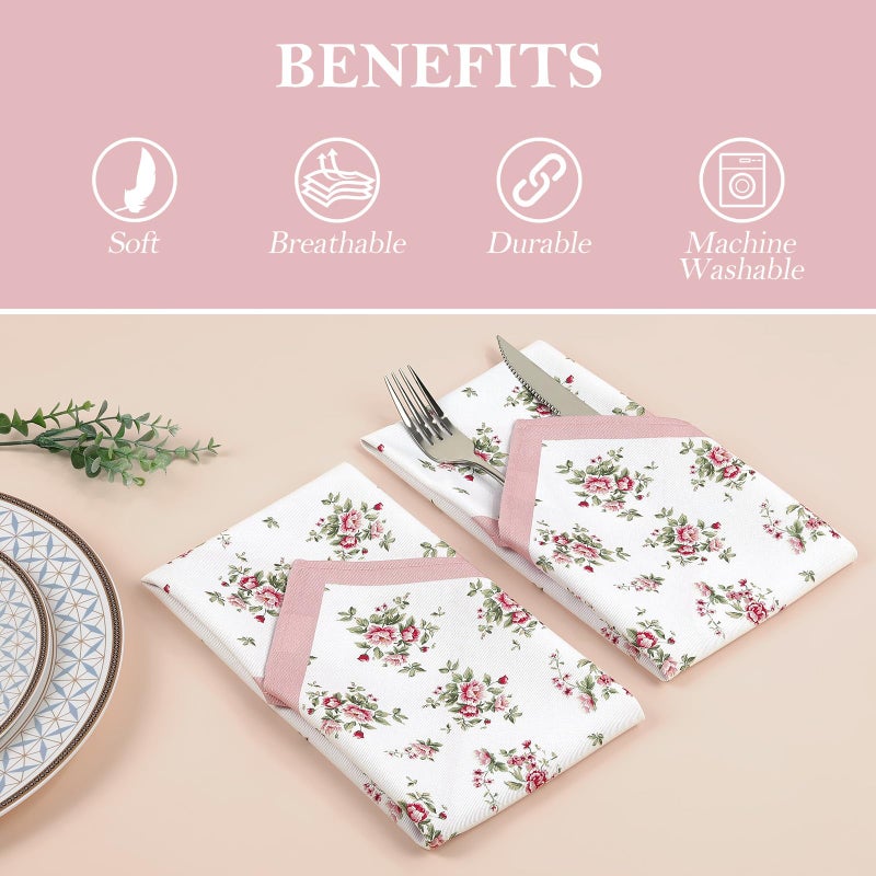 Arquiel Pink Floral Rose Print Cloth Napkins 100% Cotton  18"" X 18"" Dinner Napkins Cloth Set  Washable Napkins For Home  Kitchen  Dinner  Party  Wedding  Cocktail  Set Of 4 - Image 3