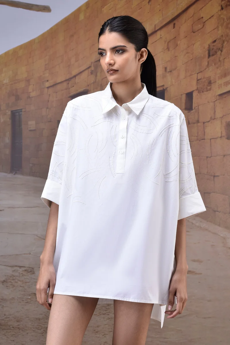 Genes Lecoanet Hemant Ecru Embroidered Oversized Cotton Poplin Shirt