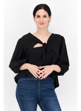 Women V Neck 3/4 Sleeve Plain Top, Black - pzsku/Z885717086A64941E8EF8Z/45/_/1727187658/bce7747b-af84-4e81-8569-297c3034507c