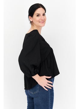 Women V Neck 3/4 Sleeve Plain Top, Black - pzsku/Z885717086A64941E8EF8Z/45/_/1732526618/fdd0cabe-58d5-4e6b-907e-a560d7d10b45