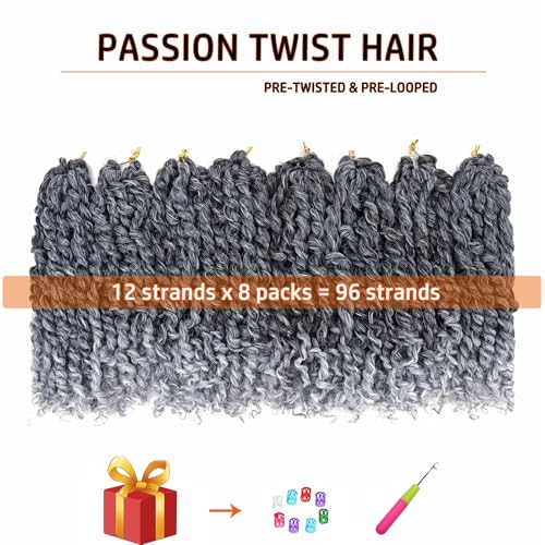 Dorsanee Pre-twisted Passion Twist Hair 10 Inch 8 packs Short Passion Twist Crochet Hair Pre-looped Crochet Braids for Women Kids Gray Passion Twists Synthetic Curly Crochet Hair Extensions 1B/Gray - Image 2