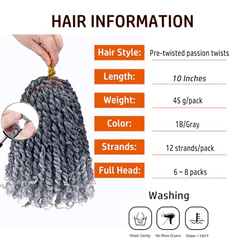 Dorsanee Pre-twisted Passion Twist Hair 10 Inch 8 packs Short Passion Twist Crochet Hair Pre-looped Crochet Braids for Women Kids Gray Passion Twists Synthetic Curly Crochet Hair Extensions 1B/Gray - Image 3