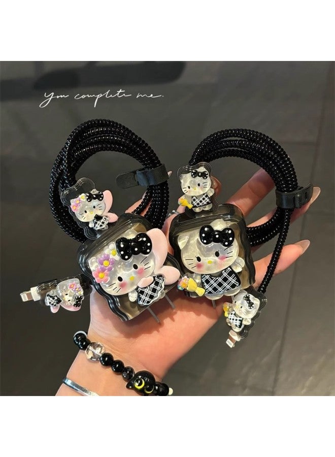 Kitty For Iphone 16 Data Cable Protective Sleeve For Iphone15 Fast Charging Head 20w Shell 13 Winding Rope 14 Anti-folding-Color:Transparent Black Ice Transparent Wings Kt [5-piece Set]-Applicable Models:18W/20W