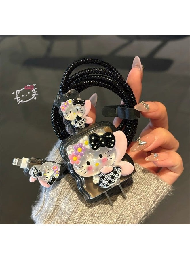Kitty For Iphone 16 Data Cable Protective Sleeve For Iphone15 Fast Charging Head 20w Shell 13 Winding Rope 14 Anti-folding-Color:Transparent Black Ice Transparent Wings Kt [5-piece Set]-Applicable Models:18W/20W