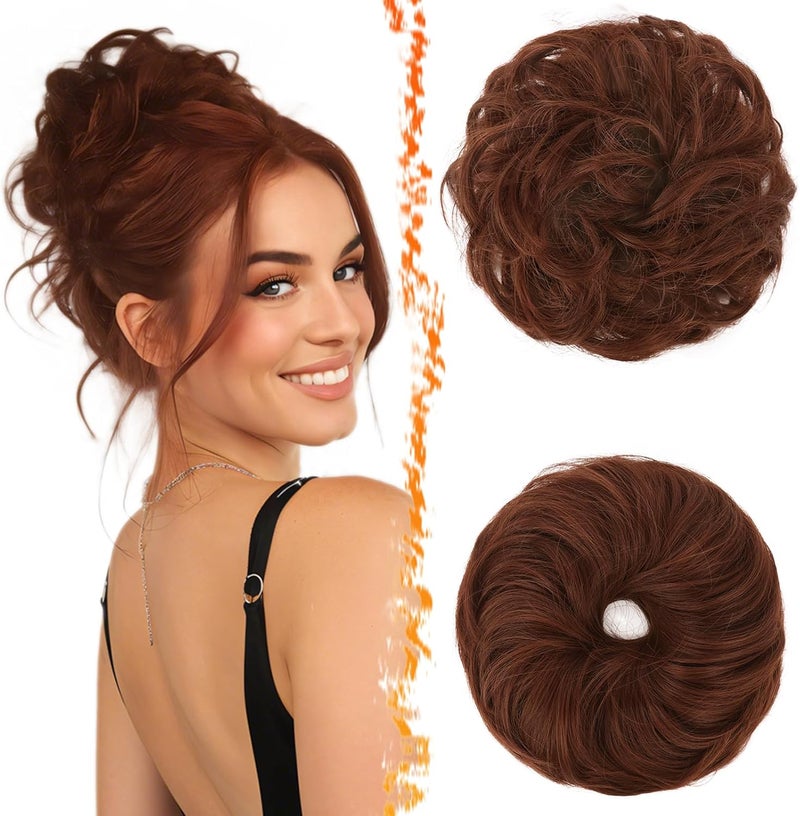 BARSDAR 2 PCS Messy Bun Hair Pieces, Elastic Medium Auburn Messy Hair Bun Scrunchies Extensions for Women Synthetic Thick Fluffy Donut Updo Medium Auburn Chignons Hairpieces Daily - Image 1