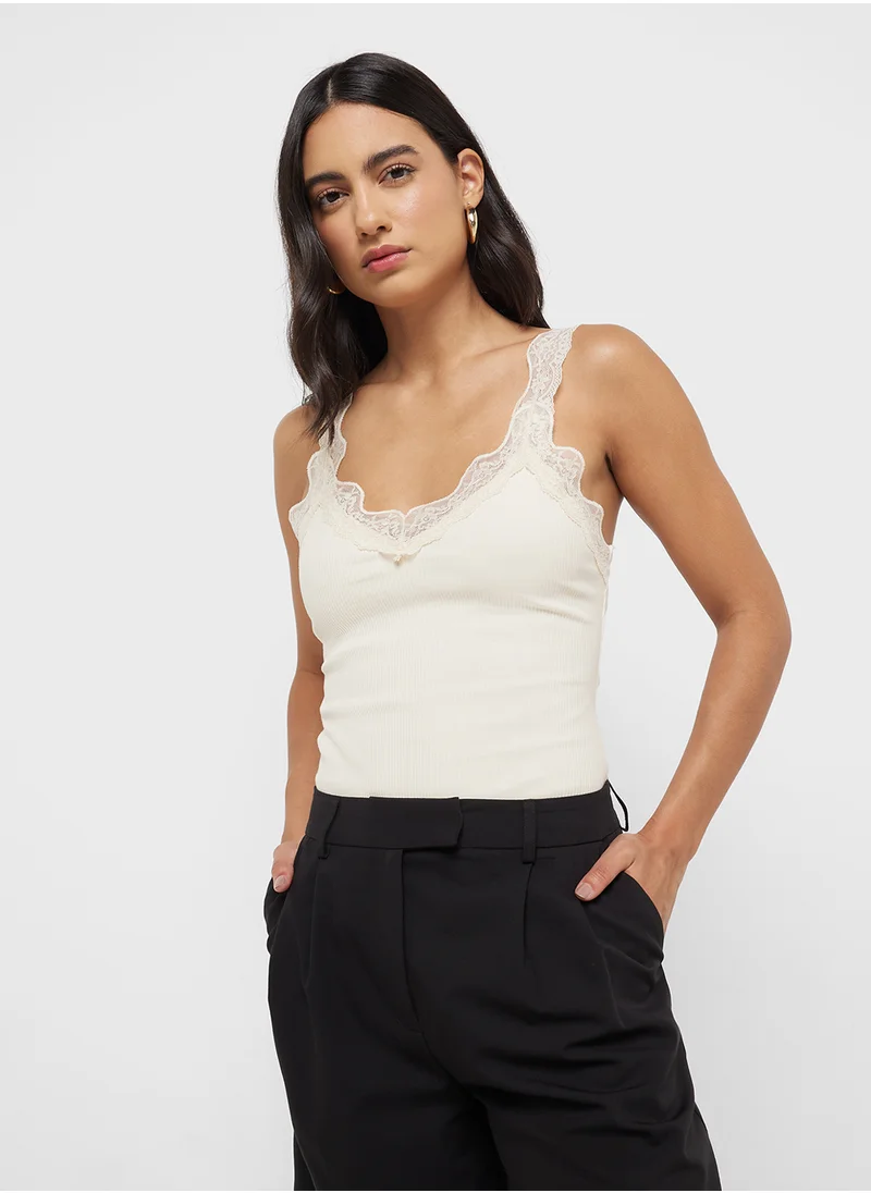 مانجو Fitted Top With Lace Neckline