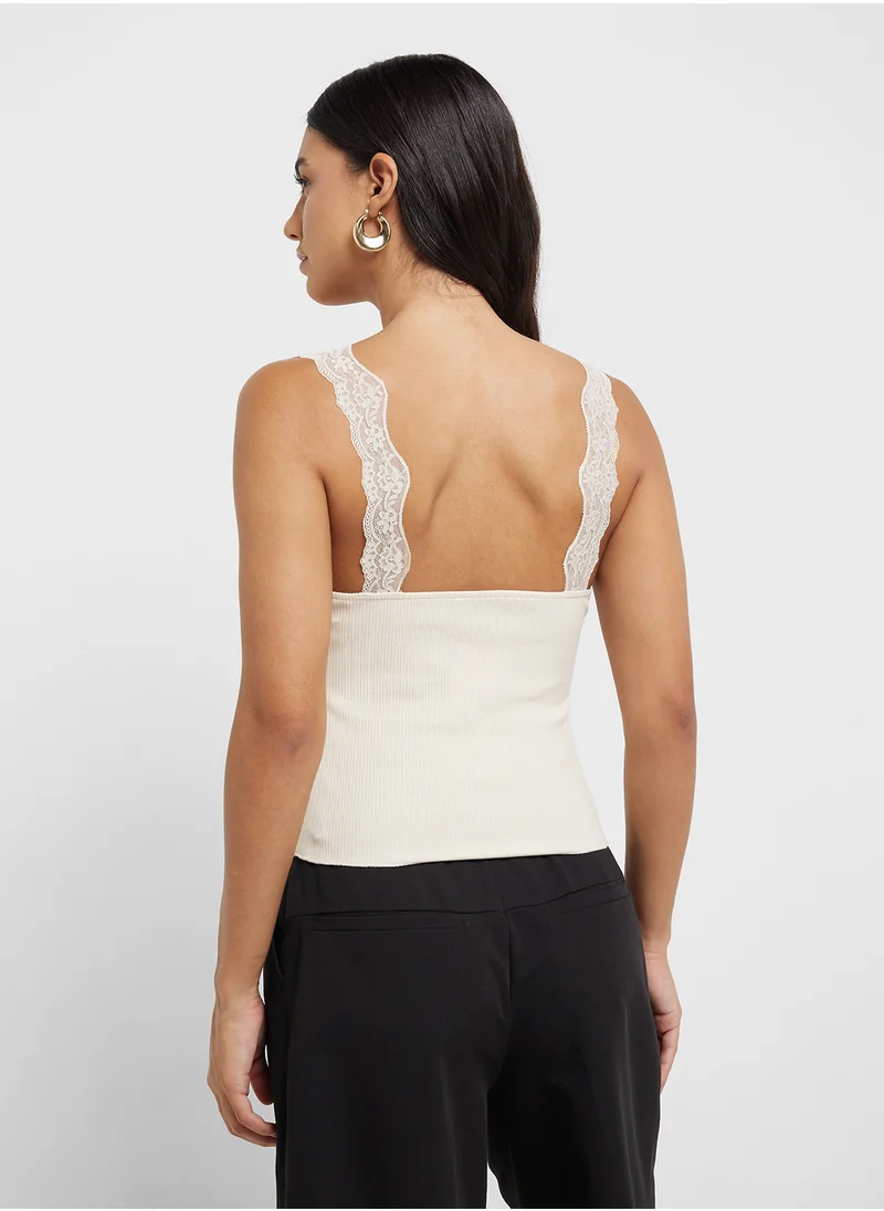مانجو Fitted Top With Lace Neckline