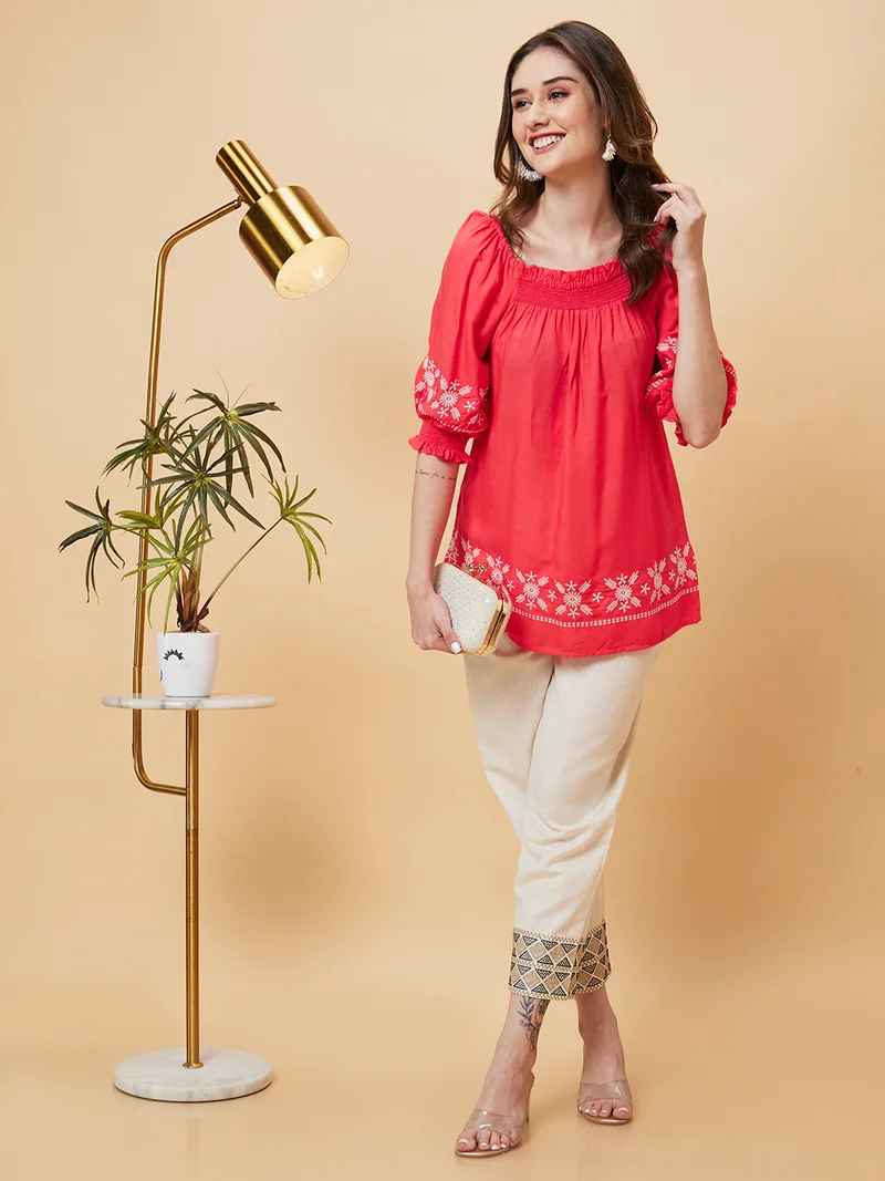 globus Women Smocked Square Neck Embroidered Tunic