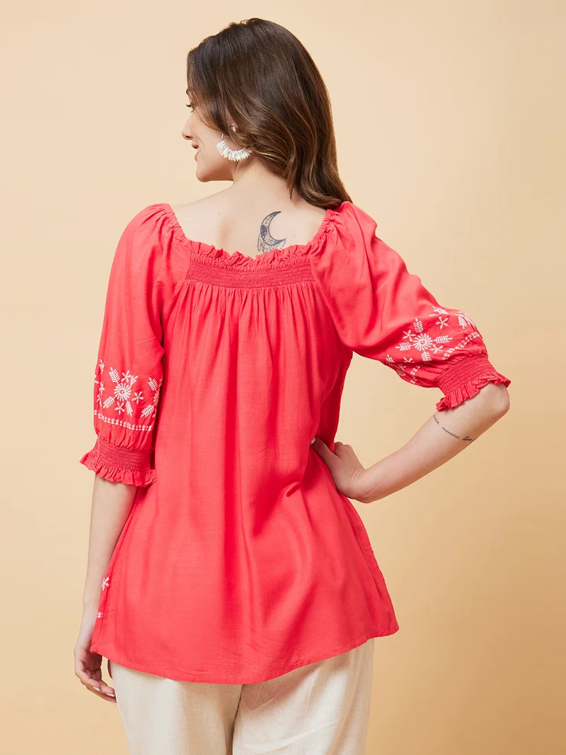 globus Women Smocked Square Neck Embroidered Tunic