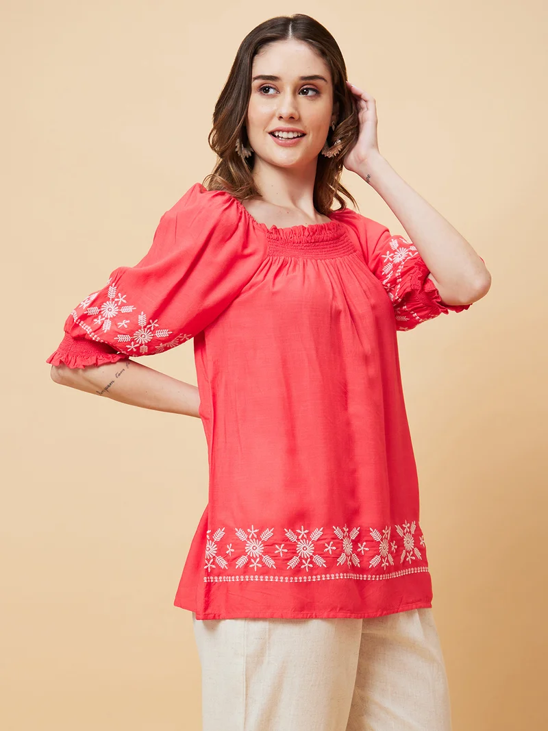 globus Women Smocked Square Neck Embroidered Tunic