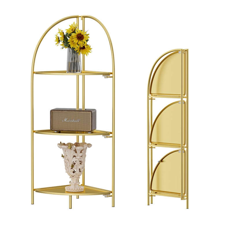 Crofy Foldable 3 Tier Corner Shelf, Metal Corner Plant Stand with Gold Frame and Gold Shelves, Corner Display Rack Multipurpose Shelving Unit for Living Room, Bedroom, Bathroom - Image 1