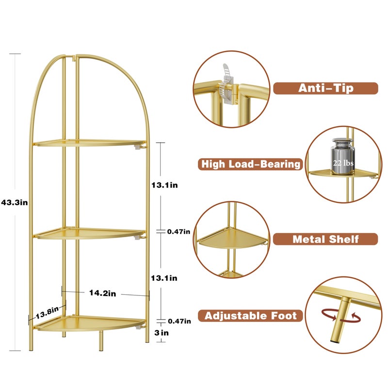 Crofy Foldable 3 Tier Corner Shelf, Metal Corner Plant Stand with Gold Frame and Gold Shelves, Corner Display Rack Multipurpose Shelving Unit for Living Room, Bedroom, Bathroom - Image 2