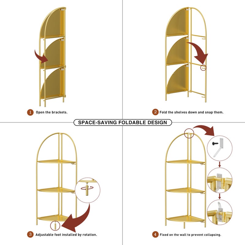 Crofy Foldable 3 Tier Corner Shelf, Metal Corner Plant Stand with Gold Frame and Gold Shelves, Corner Display Rack Multipurpose Shelving Unit for Living Room, Bedroom, Bathroom - Image 4