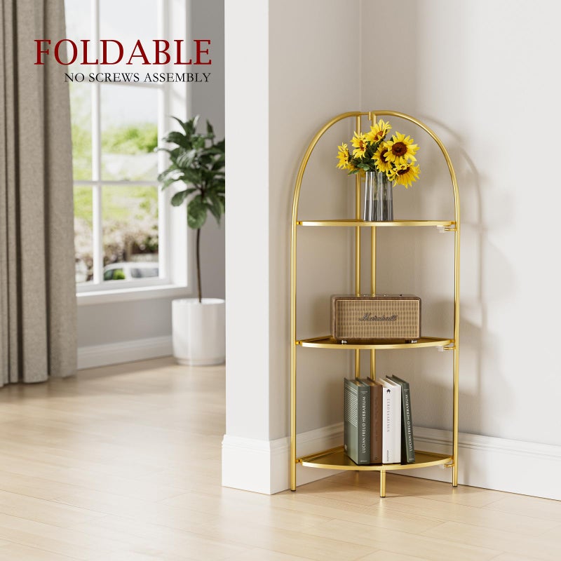Crofy Foldable 3 Tier Corner Shelf, Metal Corner Plant Stand with Gold Frame and Gold Shelves, Corner Display Rack Multipurpose Shelving Unit for Living Room, Bedroom, Bathroom - Image 3