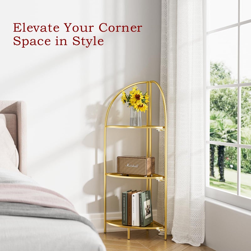 Crofy Foldable 3 Tier Corner Shelf, Metal Corner Plant Stand with Gold Frame and Gold Shelves, Corner Display Rack Multipurpose Shelving Unit for Living Room, Bedroom, Bathroom - Image 5