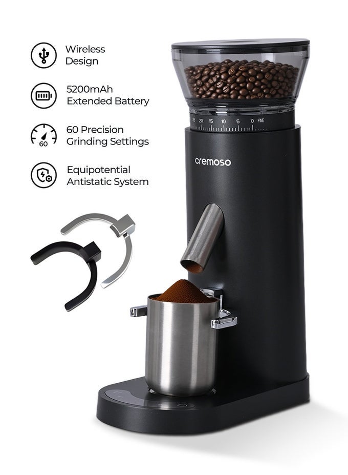 V60 CORDLESS ELECTRIC COFFEE GRINDER: 60-SPEED PROFESSIONAL GRINDING, ISOSTATIC ANTI-STATIC SYSTEM, TAPERED STAINLESS STEEL BURRS, 130G CAPACITY.