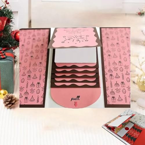 Neioaas Handcrafted Waterfall Christmas Greeting Card Booklet - Unique Pull-Tab Interactive Holiday Card with 5 Pull-Down Panels - Gift Card Holder for Family & Friends (Pink) - Image 1