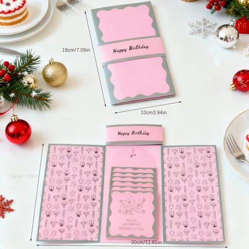 Neioaas Handcrafted Waterfall Christmas Greeting Card Booklet - Unique Pull-Tab Interactive Holiday Card with 5 Pull-Down Panels - Gift Card Holder for Family & Friends (Pink) - Image 2