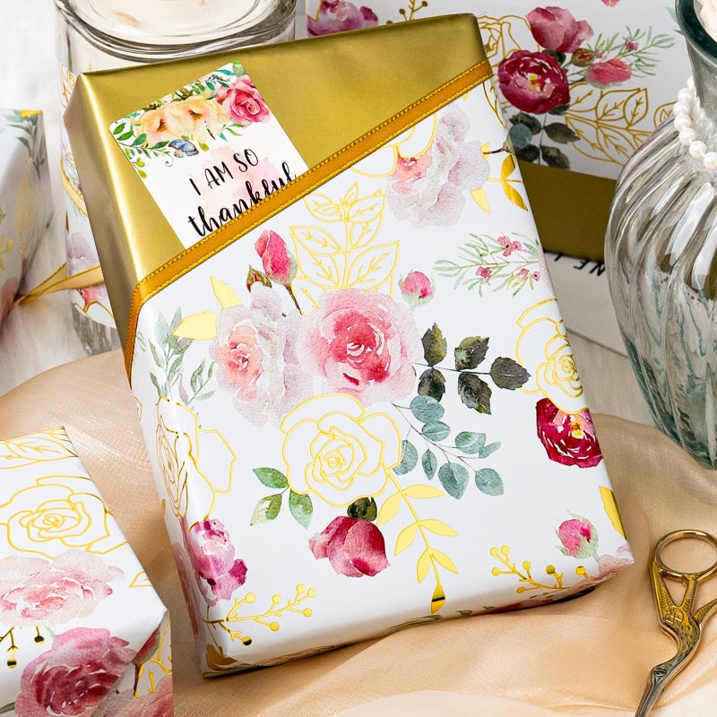 Merture Wrapping Paper Roll with Watercolor Roses - 17 In x 32.8 Ft (46.5 sqft) Foil Floral Gift Wrap with Matte Gold Reverse for Motherâ€™s Day, Wedding, Birthday, Bridal Shower, Valentines Day - Image 4