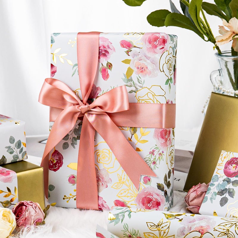 Merture Wrapping Paper Roll with Watercolor Roses - 17 In x 32.8 Ft (46.5 sqft) Foil Floral Gift Wrap with Matte Gold Reverse for Motherâ€™s Day, Wedding, Birthday, Bridal Shower, Valentines Day - Image 2