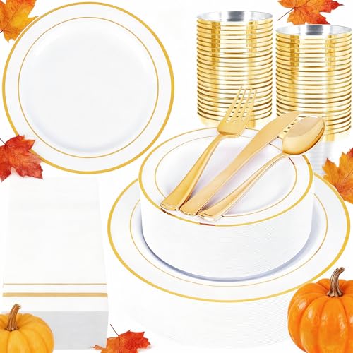 GATHER 350PCS White and Gold Plastic Plates - Disposable Plastic Dinnerware Set Include 50 Dinner Plates, 50 Dessert Plate, 150 Silverware, 50 Napkins, 50 Cups for Party & Wedding & Thanksgiving - Image 1