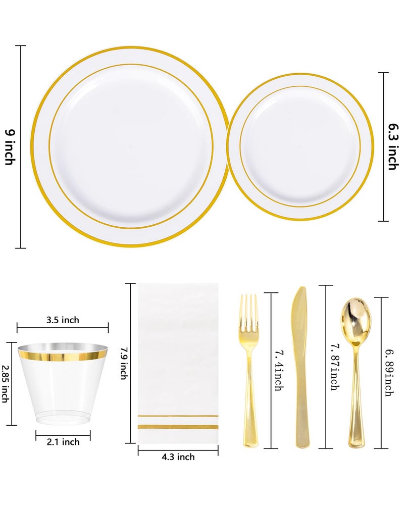 GATHER 350PCS White and Gold Plastic Plates - Disposable Plastic Dinnerware Set Include 50 Dinner Plates, 50 Dessert Plate, 150 Silverware, 50 Napkins, 50 Cups for Party & Wedding & Thanksgiving - Image 2