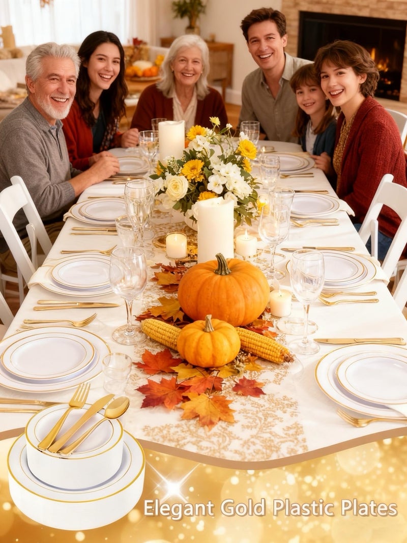 GATHER 350PCS White and Gold Plastic Plates - Disposable Plastic Dinnerware Set Include 50 Dinner Plates, 50 Dessert Plate, 150 Silverware, 50 Napkins, 50 Cups for Party & Wedding & Thanksgiving - Image 5