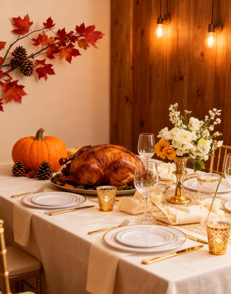 GATHER 350PCS White and Gold Plastic Plates - Disposable Plastic Dinnerware Set Include 50 Dinner Plates, 50 Dessert Plate, 150 Silverware, 50 Napkins, 50 Cups for Party & Wedding & Thanksgiving - Image 3