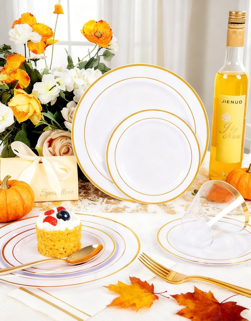 GATHER 350PCS White and Gold Plastic Plates - Disposable Plastic Dinnerware Set Include 50 Dinner Plates, 50 Dessert Plate, 150 Silverware, 50 Napkins, 50 Cups for Party & Wedding & Thanksgiving - Image 4