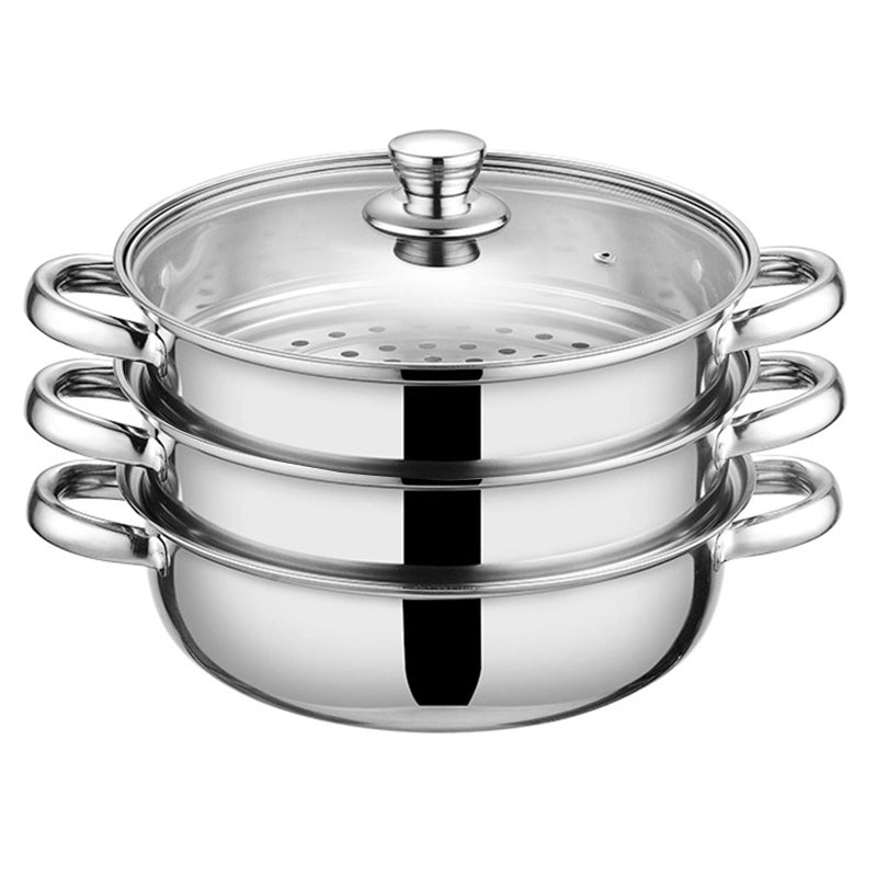 KDLCY Steamer Pot for Cooking 11-inch Steam Pots with Lid, Multipurpose Steam Pot Stainless Steel Steaming Pot Cookware with Handle for Vegetable, Stews, Pasta, Dumpling, Sauce, Food (3 Tier) - Image 1