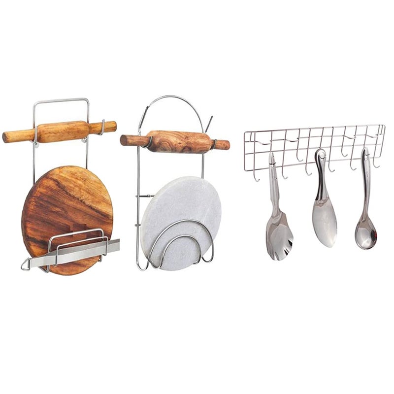 JISUN Stainless Steel Wall Mounted Chakla Belan Stand Pack of 2 Wall Mounted Ladle Hook Rail for Kitchen Silver  - Image 1