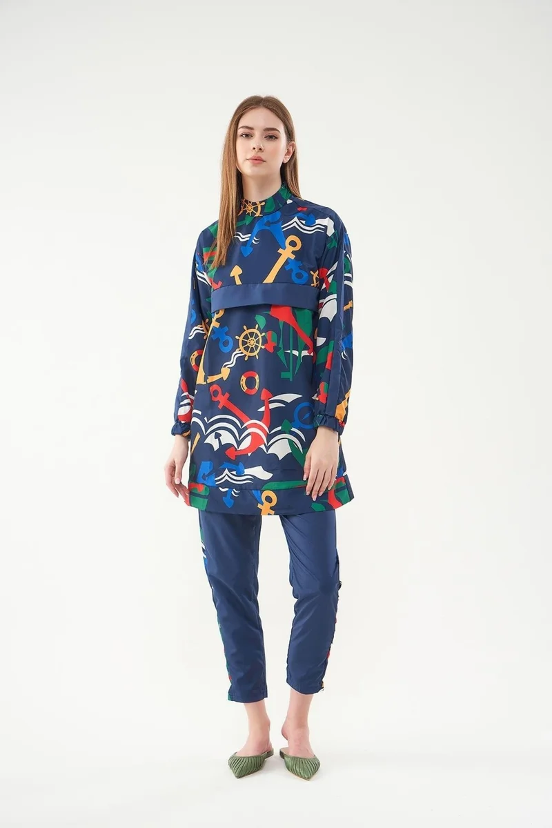 Mevra Marine Patterned Hijab Swimsuit Navy Blue Short