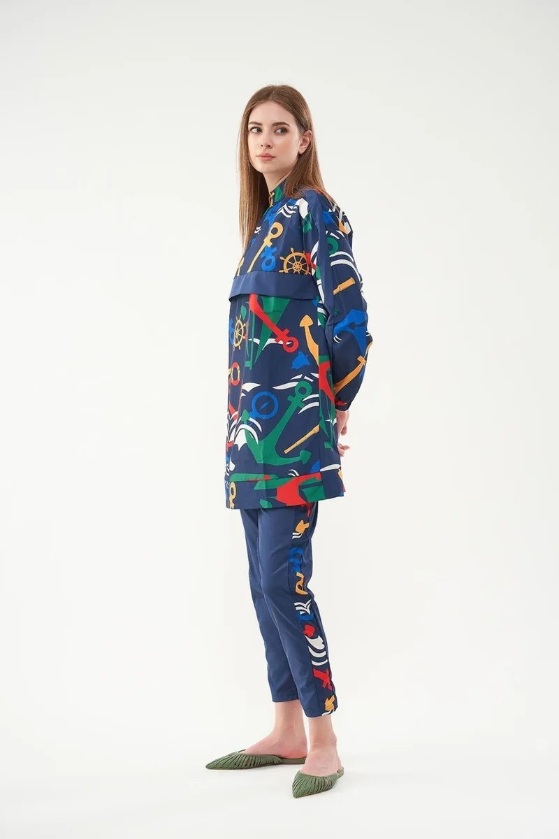 Mevra Marine Patterned Hijab Swimsuit Navy Blue Short